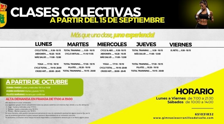 Clases colectivas desde el 15 de septiembre en Serranillos del Valle